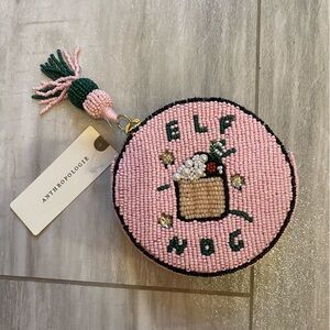 NWT Anthropologie Nephthys Illustrated Pink Beaded Elf Nog Round Coin Purse, OS